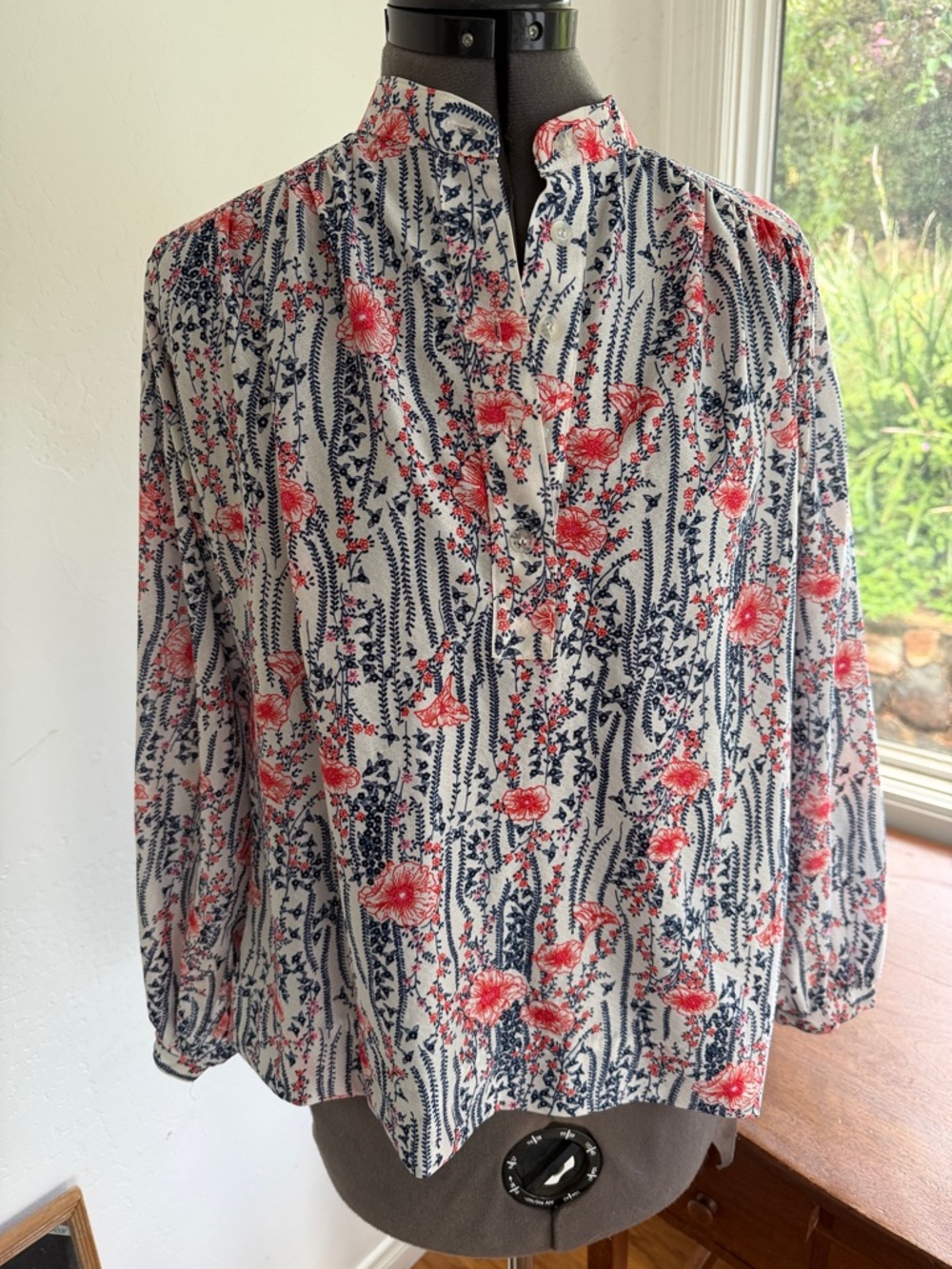 Women’s Floral Button-Front Blouse in White with Coral and Navy. Poppy design.
